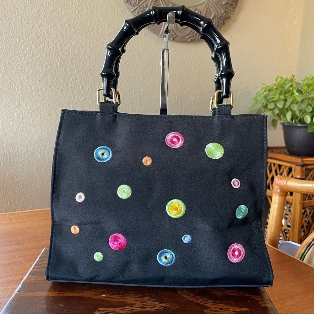 Tianni Retro Mod Handbag Purse Black With Multicolored Embroidered Dots